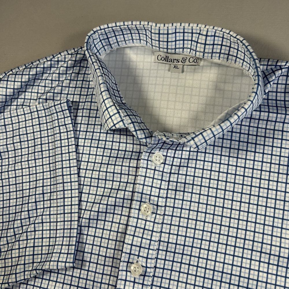 Collars & Co Dress Collar Polo Shirt Mens XL Navy White Check Short Sleeve